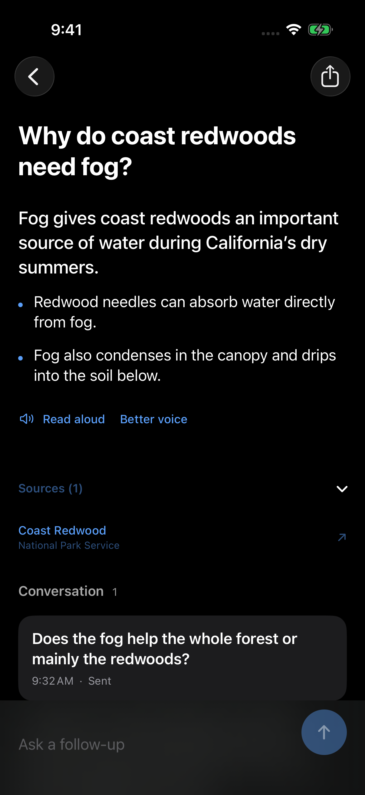 Answer explaining how coast redwoods use fog, with a National Park Service source